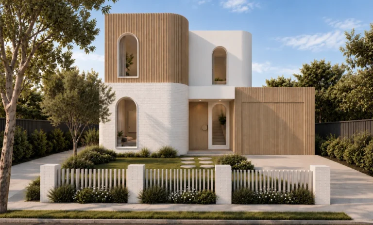 Front render of a Bentleigh dwelling with curved white brick, timber batten cladding and arched windows