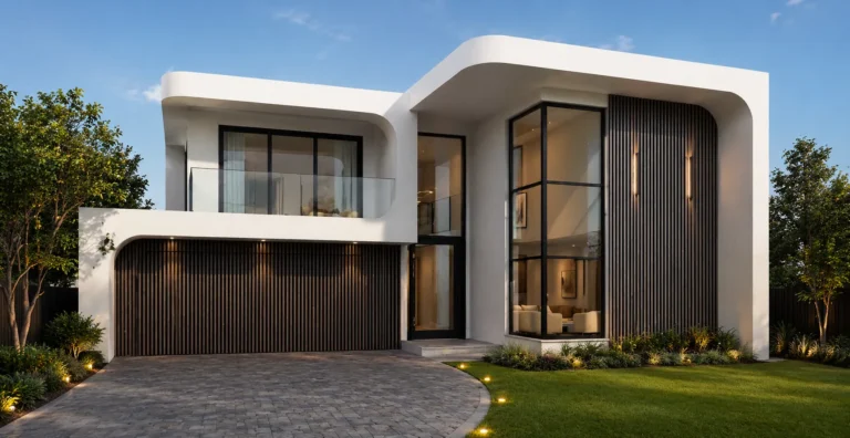 Front render of a Deer Park custom residence with curved white render, timber battens and double-height glazing