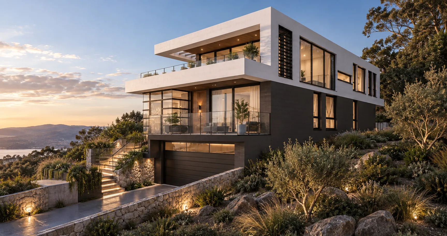 Sunset render of the Rye residence's upper terrace, garage and lit entry stairs
