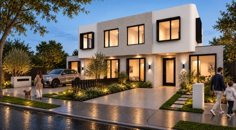 Dusk render of a St Albans rooming house with a curved white upper level, black-framed windows, white brick and a landscaped frontage