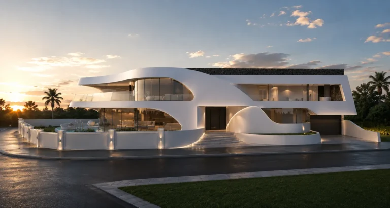 Sunset render of an ultra-modern Williamstown residence with flowing white curves and a sculpted entry